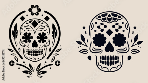 Day of the dead icon black and white. Dia de los muertos skulls icon ultradetailed. Different styles and minimalistic drawing. Image from mexican latinos traditional festivity Mask mexican logo vector
