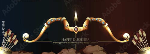 illustration of hand lettring dussehra  text with Bow and Arrow with Traditional background . photo