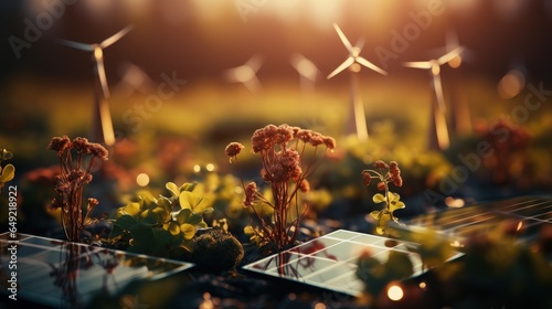 A picturesque field of colorful flowers with mini solar panels and windmills in the distance. Renewable energy concept
