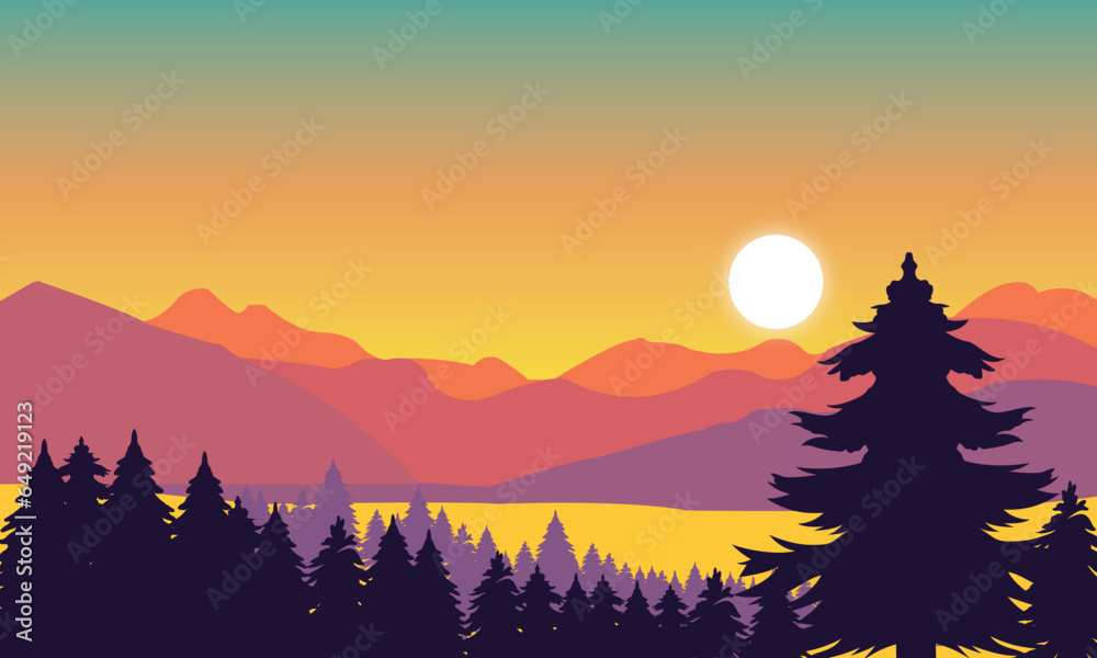 A beautiful sunrise vector art illustration with a mountain, forest, and beautiful sky