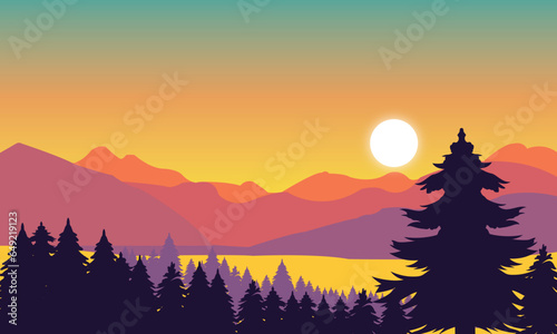 A beautiful sunrise vector art illustration with a mountain, forest, and beautiful sky