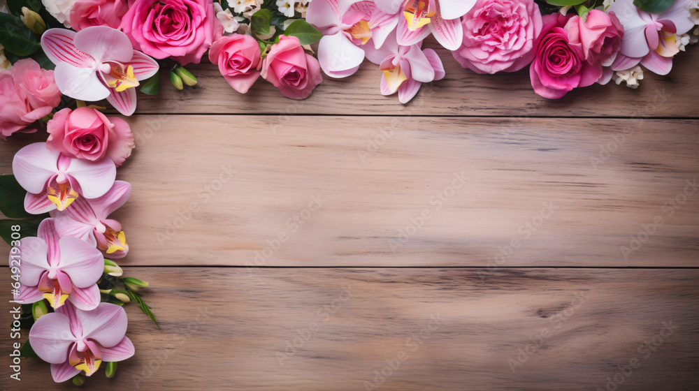 Wooden background with floral frame consists of rose