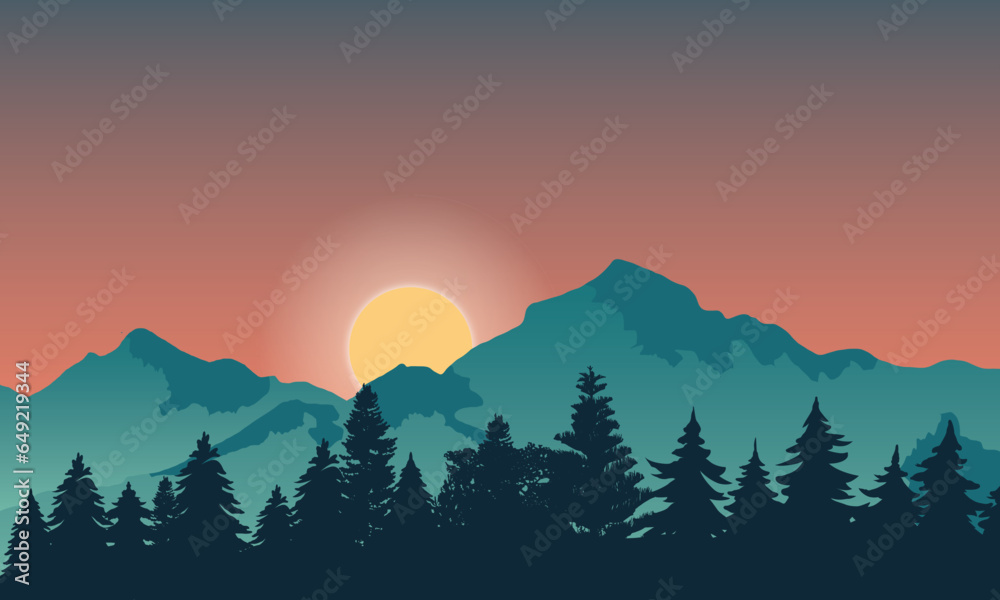sunset in mountains, beautiful sunset landscape vector illustration with pine forest, mountain, sun