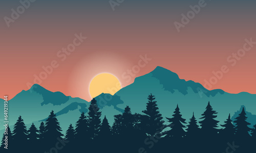 sunset in mountains  beautiful sunset landscape vector illustration with pine forest  mountain  sun