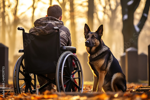 Unwavering Bonds American War Veteran in Wheelchair with Loyal German Shepherd in Cemetery on Day of Remembrance. created with Generative AI