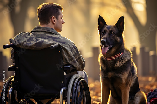 Unwavering Bonds American War Veteran in Wheelchair with Loyal German Shepherd in Cemetery on Day of Remembrance. created with Generative AI