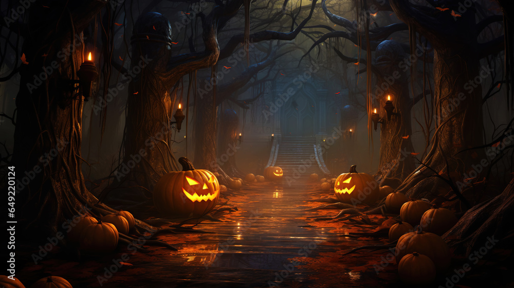 Moonlit path in the forest with pumpkins on the sides, mist over ground. Halloween concept. Generative AI - obrazy, fototapety, plakaty 