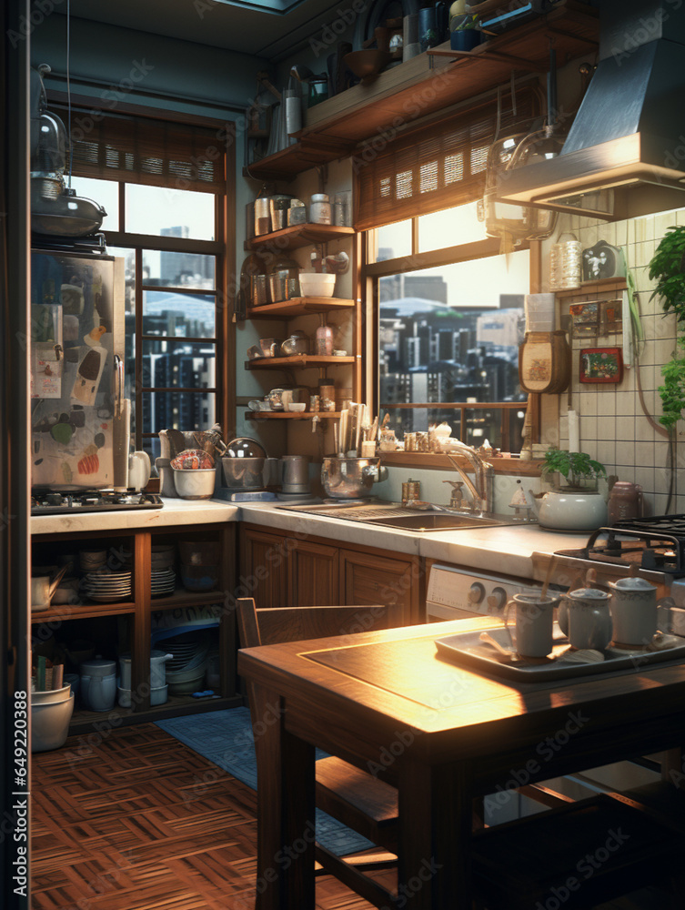 a kitchen in a japanese-style apartment, created with Generative AI technology