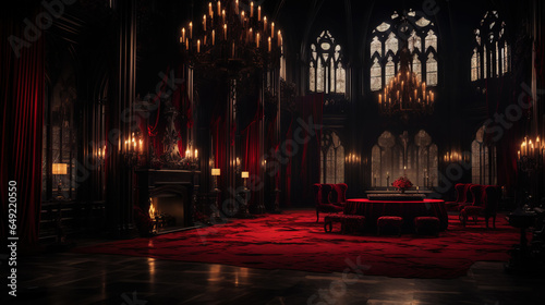 Vampire Dracula castle interior, victorian red furnitures. Halloween concept. Generative AI