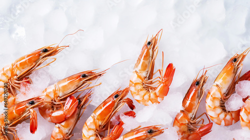 Top view of raw whole king prawns on ice. Seafood background. Generative AI photo