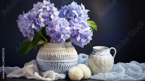 Yarn for crochet and hortensia in vase with photo