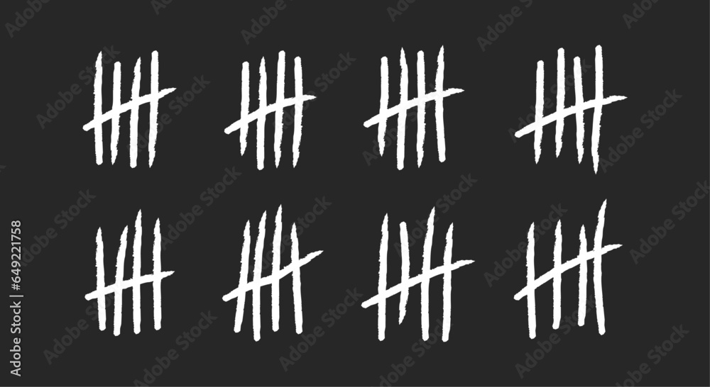 Hand drawn lines or sticks and brush strokes sorted by four and crossed out, prison counting lines, slash scratches on the wall, jail grunge outline numbers flat vector illustration. Hand drawn lines or sticks and brush strokes sorted by four and crossed out, prison counting lines, slash scratches on the wall, jail grunge outline numbers flat vector illustration.