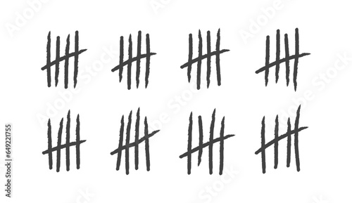 Hand drawn lines or sticks and brush strokes sorted by four and crossed out, prison counting lines, slash scratches on the wall, jail grunge outline numbers flat vector illustration.