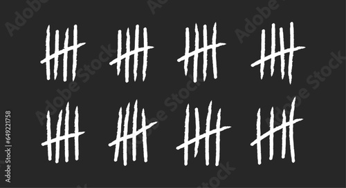 Hand drawn lines or sticks and brush strokes sorted by four and crossed out, prison counting lines, slash scratches on the wall, jail grunge outline numbers flat vector illustration.