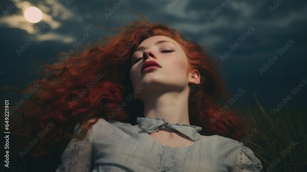 Redhead woman with red lipstick peacefully sleeping outside on a full moon evening with romantic dreams of a bygone 50's era filled with charm in a tailored vintage green dress.    