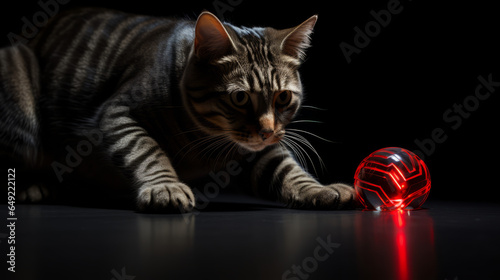 Getigerte Katze starrt neugierig eine vor ihr liegende  futuristisch rot leuchtende Kugel an photo