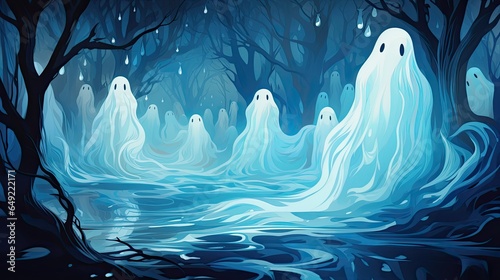 Spooky ghosts on a black backgound. Generative AI © Gelpi