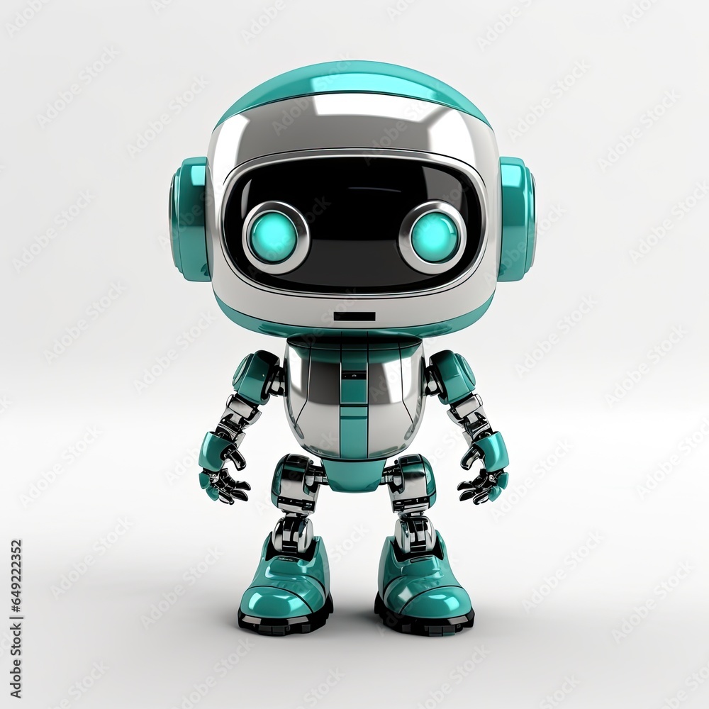 Small cute robot looking at camera on a white background. Generative AI Small cute robot looking at camera on a white background. Generative AI