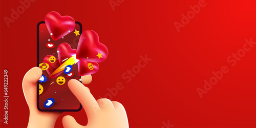 Cute cartoon hand touch mobile smartphone with Likes notification icons. Social media and marketing concept.