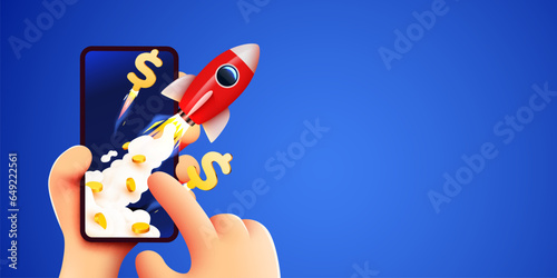 Hand hold smartphone with launching rocket, dollar signs and coins. Startup and online trading concept.