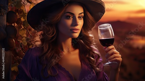Beautiful girl sips red wine in a vineyard at sunset , French red wine