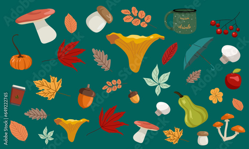 Pattern with chanterelle, leaves, boletus, cups, pumpkins, champingon, rissule, umbrella, acorns, rowan, apple, fungi on blue green background for patterns, pachaging, wallpapers, fabrics, web photo