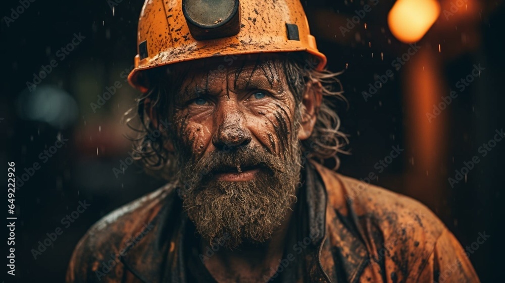 Portrait of a miner in hard hat - obrazy, fototapety, plakaty 