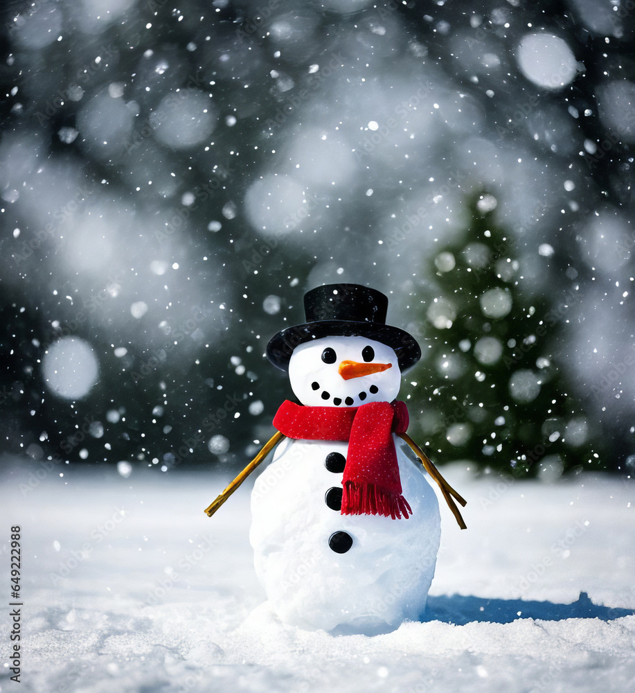 Cute snowman, blue blurred background, lovely winter landscape, winter, snowfall, Christmas, new year 