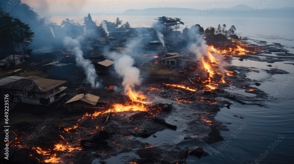 Natural disaster, Destroyed buildings in city by volcanic lava after volcano eruption.