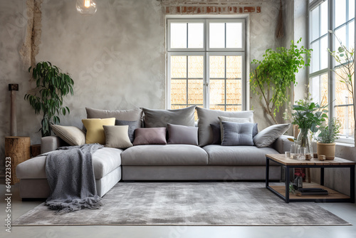 Living room with cozy grey sofa in a loft style interior with potted plants, Cozy bright room, carpet.ai generative