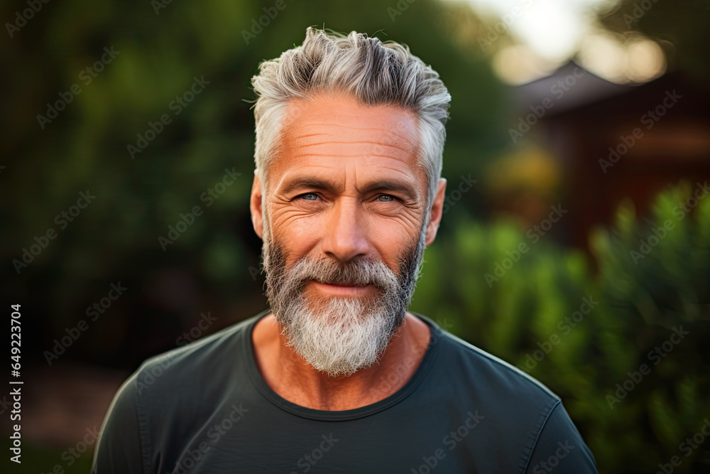 a closeup photo portrait of a handsome old mature man smiling with clean teeth. guy with fresh stylish hair and beard with strong jawline a closeup photo portrait of a handsome old mature man smiling with clean teeth. guy with fresh stylish hair and beard with strong jawline