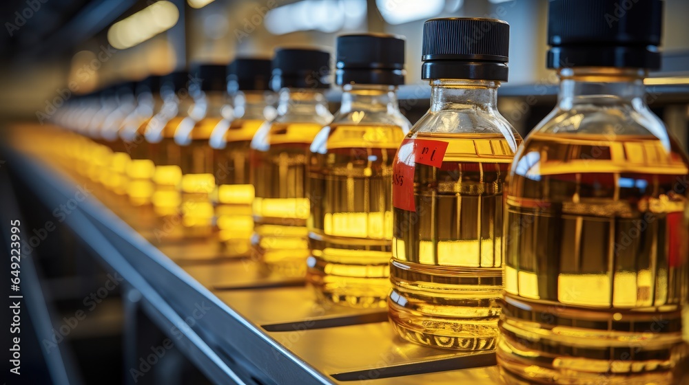 Factory production line efficiently filling bottles with refined sunflower seed oil. Factory production line efficiently filling bottles with refined sunflower seed oil.