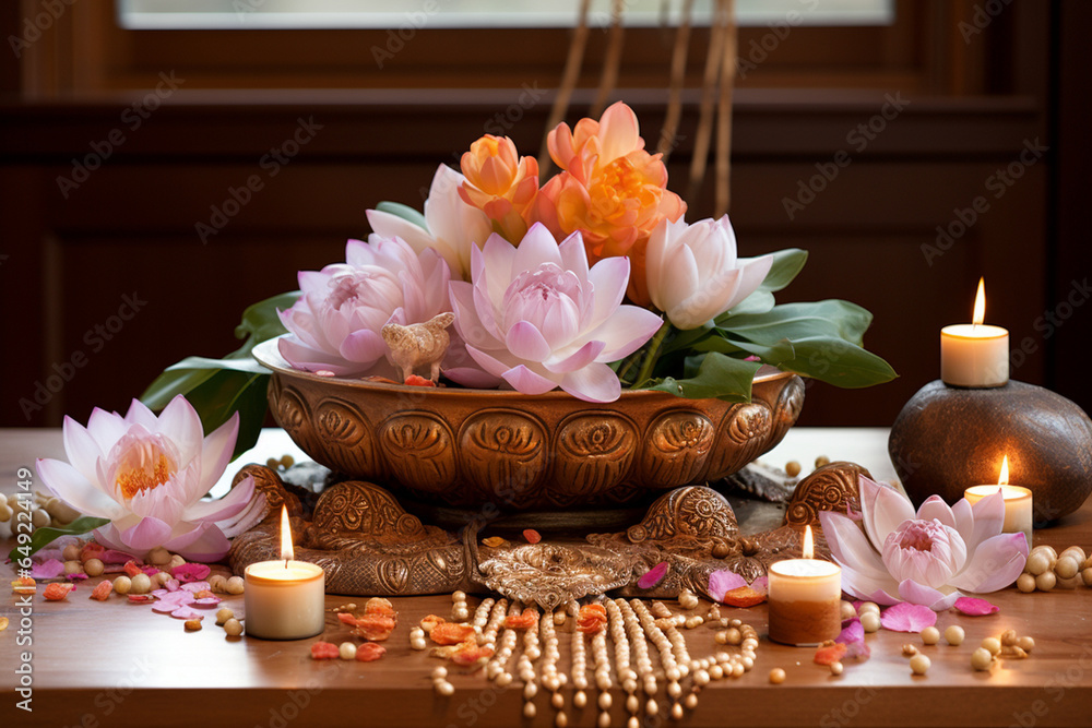 A lotus flower bouquet adorning a meditation altar, portraying the love and creation of sacred spaces and the devotion to inner peace, love and creation A lotus flower bouquet adorning a meditation altar, portraying the love and creation of sacred spaces and the devotion to inner peace, love and creation