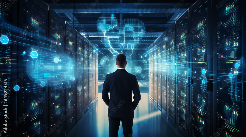 Administrator Working With Data Protection Engineering Network for Cyber Security in data center, Server Farm Cloud Computing Facility with System.ai generative
