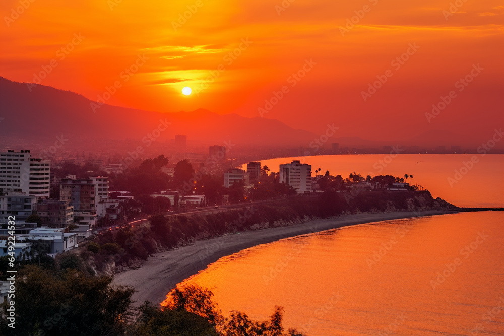 The warm glow of sunset over a coastal city, expressing the love and creation of harmonious coastal living, love and creation