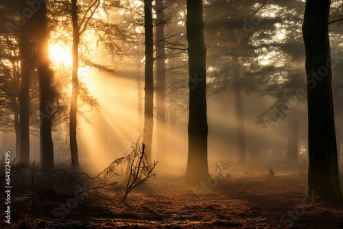 The ethereal beauty of a misty forest at sunrise, showcasing the love and creation of magical woodland scenes, love and creation photo