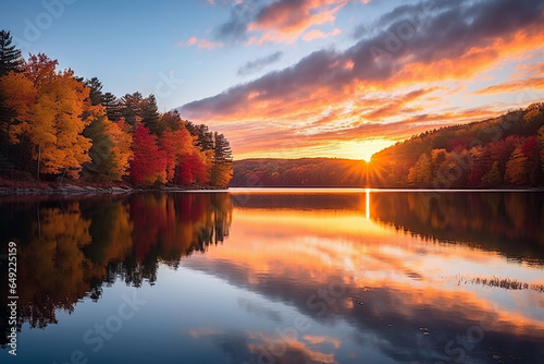 A serene lake surrounded by colorful autumn foliage during sunrise, symbolizing the love and creation of vibrant seasonal changes, love and creation photo