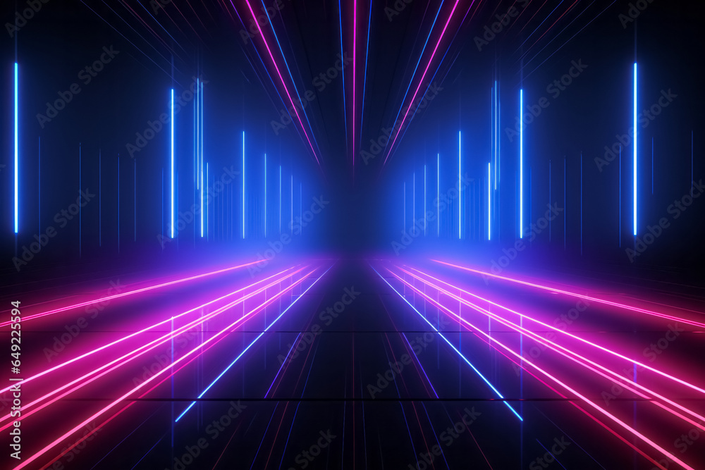 Motion speed neon light tunnel or corridor. Futuristic laser cyberspace perspective background.