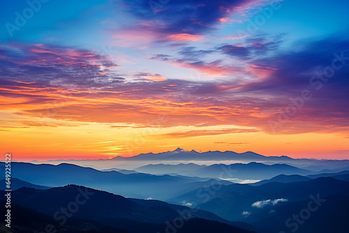 A mountain range during a colorful sunset  symbolizing the love and creation of breathtaking natural panoramas  love and creation
