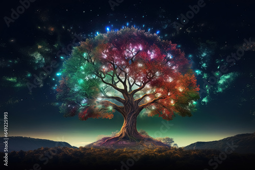 Colorful sacred spiritual Tree of Life fantasy background. Cycle of life mythological magic symbol.