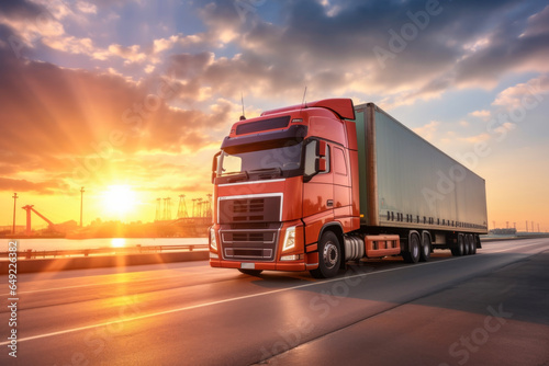 container truck in ship port for business Logistics and transportation in background of sunset sky and sunlight. Transport and delivery hauling concept.