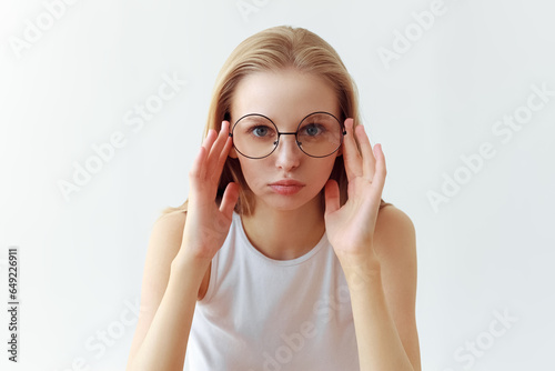 Funny student girl portrait on white background