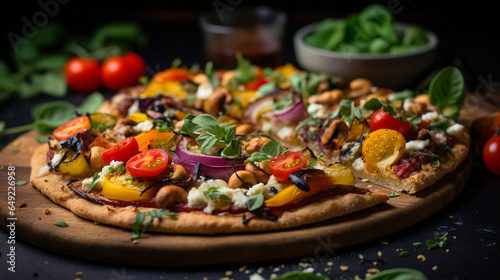 Vegan pizza topped with cashew cheese and vibrant vegetables