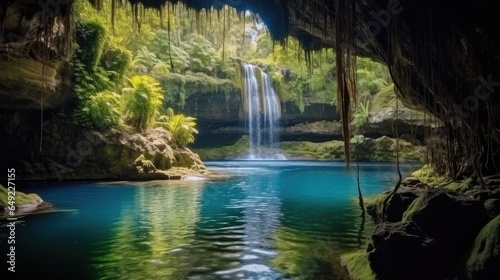 Waterfall with cave and natural pool, Lush vegetation. © visoot
