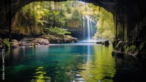 Waterfall with cave and natural pool  Lush vegetation.