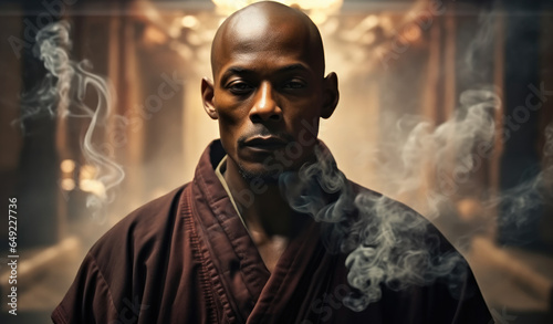 Serious black Buddhist man in spiritual robe in temple.