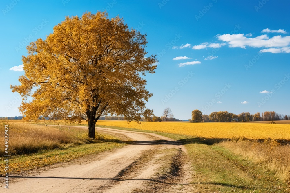 Empty dirt road amidst autumn trees in front of blue sky
