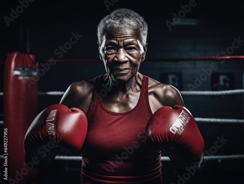 Elderly african woman wearing red boxing gloves, ready to fight. © Tori