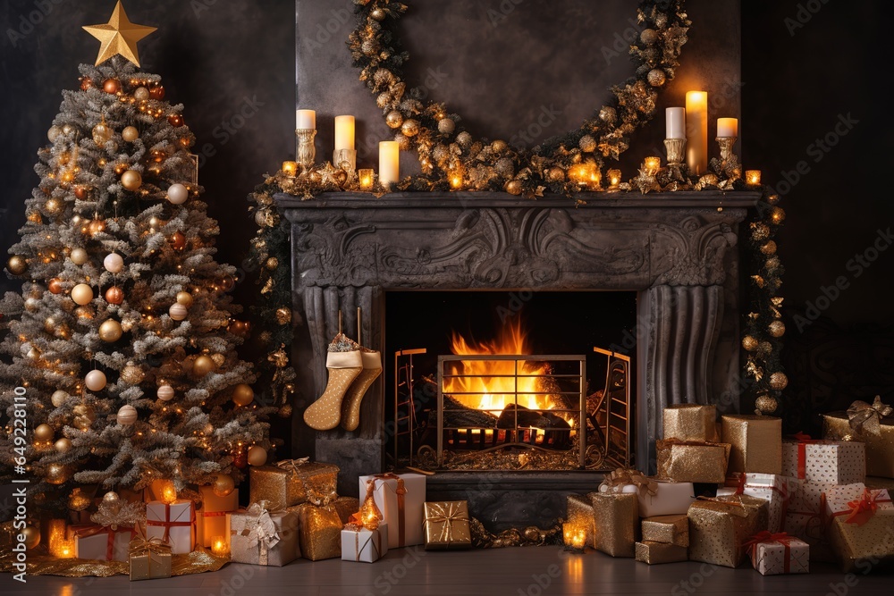 Interior Christmas,magic glowing Christmas tree, fireplace and gifts