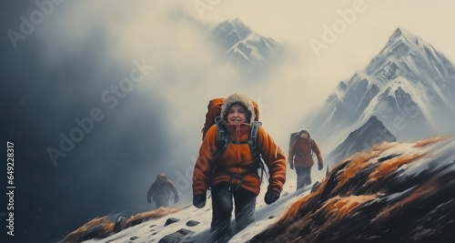 Mountain Hiker, Climber on a mountain ridge with fog.
